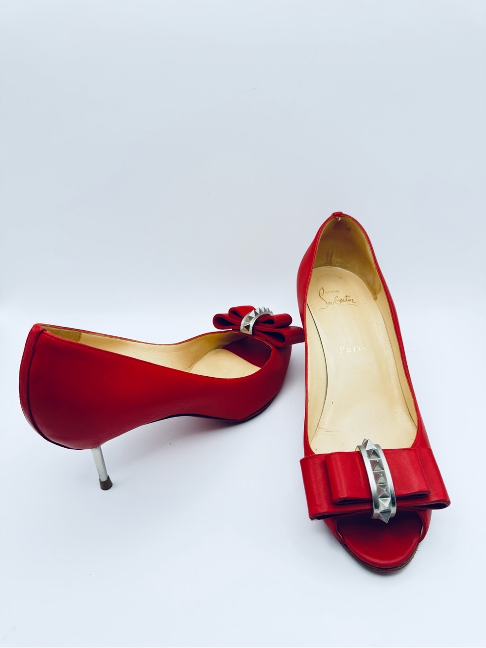 Christian Louboutin Red Leather Bow 70mm Studded Heels Pumps Size 38.5